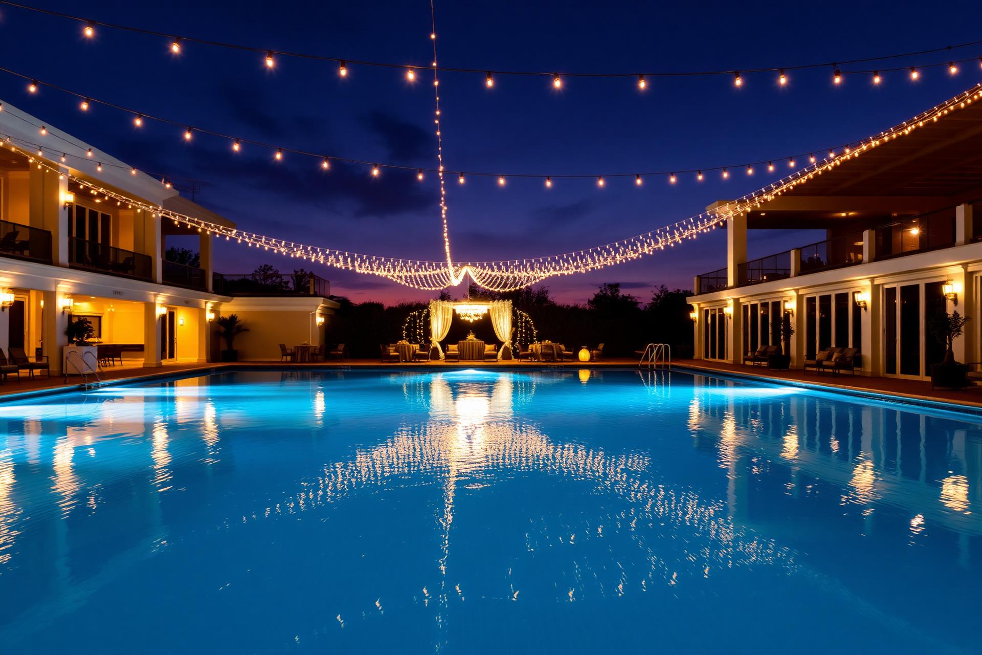 Espaço de eventos Casa Santa Rosa com piscina iluminada ao entardecer